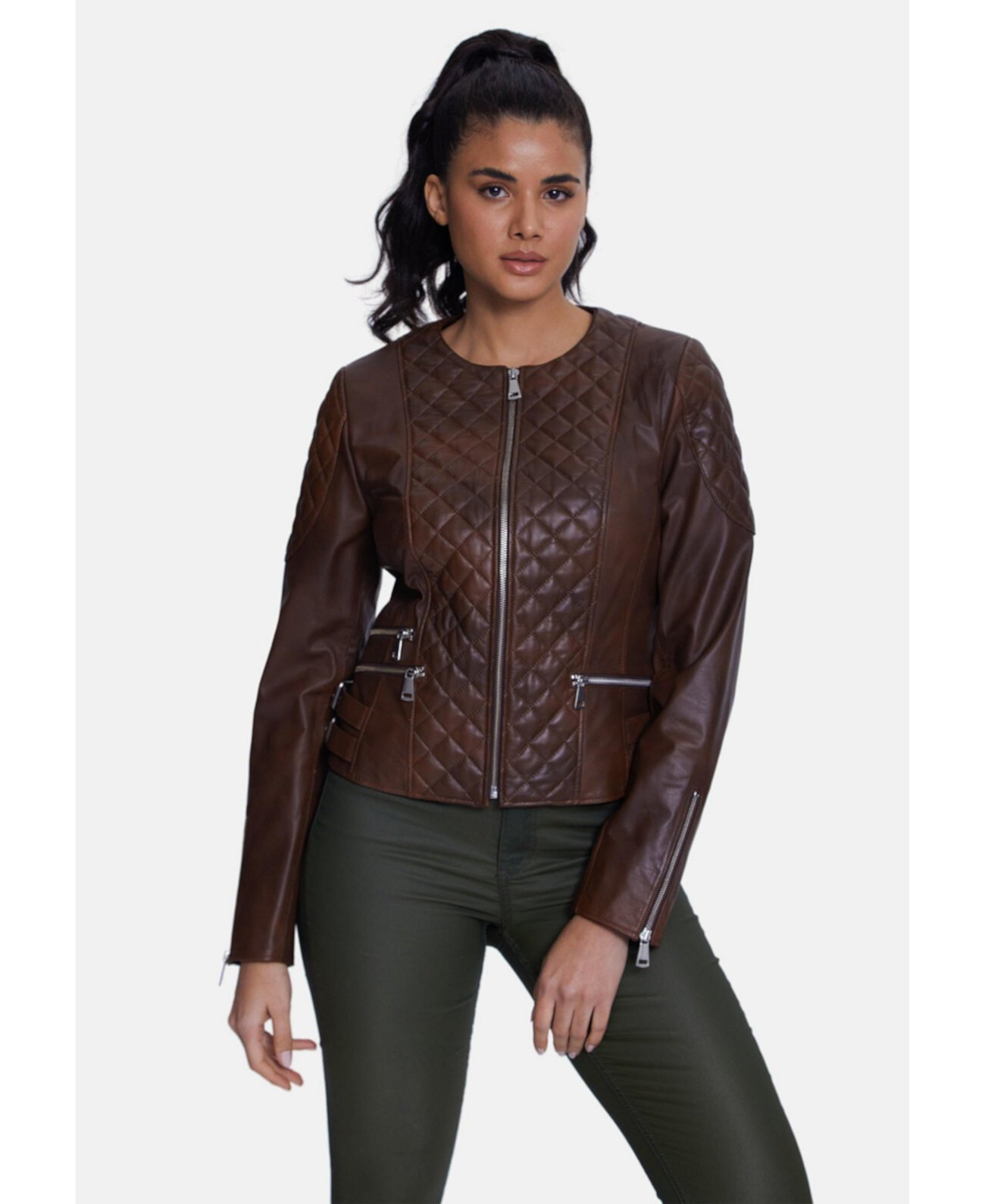 Women's Genuine Leather Quilted Biker Jacket, Whiskey Furniq UK