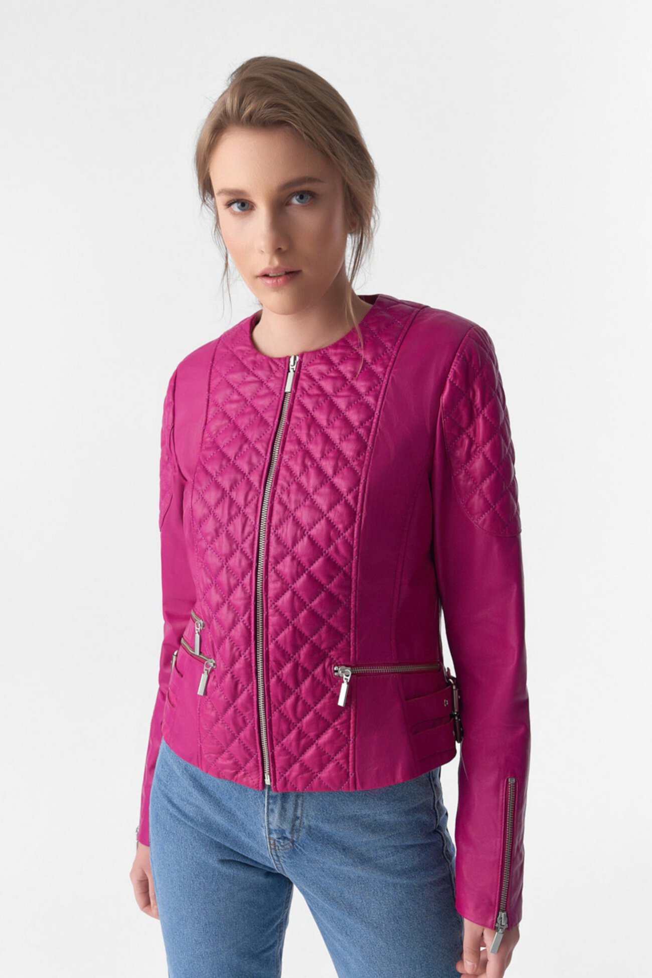 Women's Genuine Leather Quilted Biker Jacket, Fuchsia Furniq UK