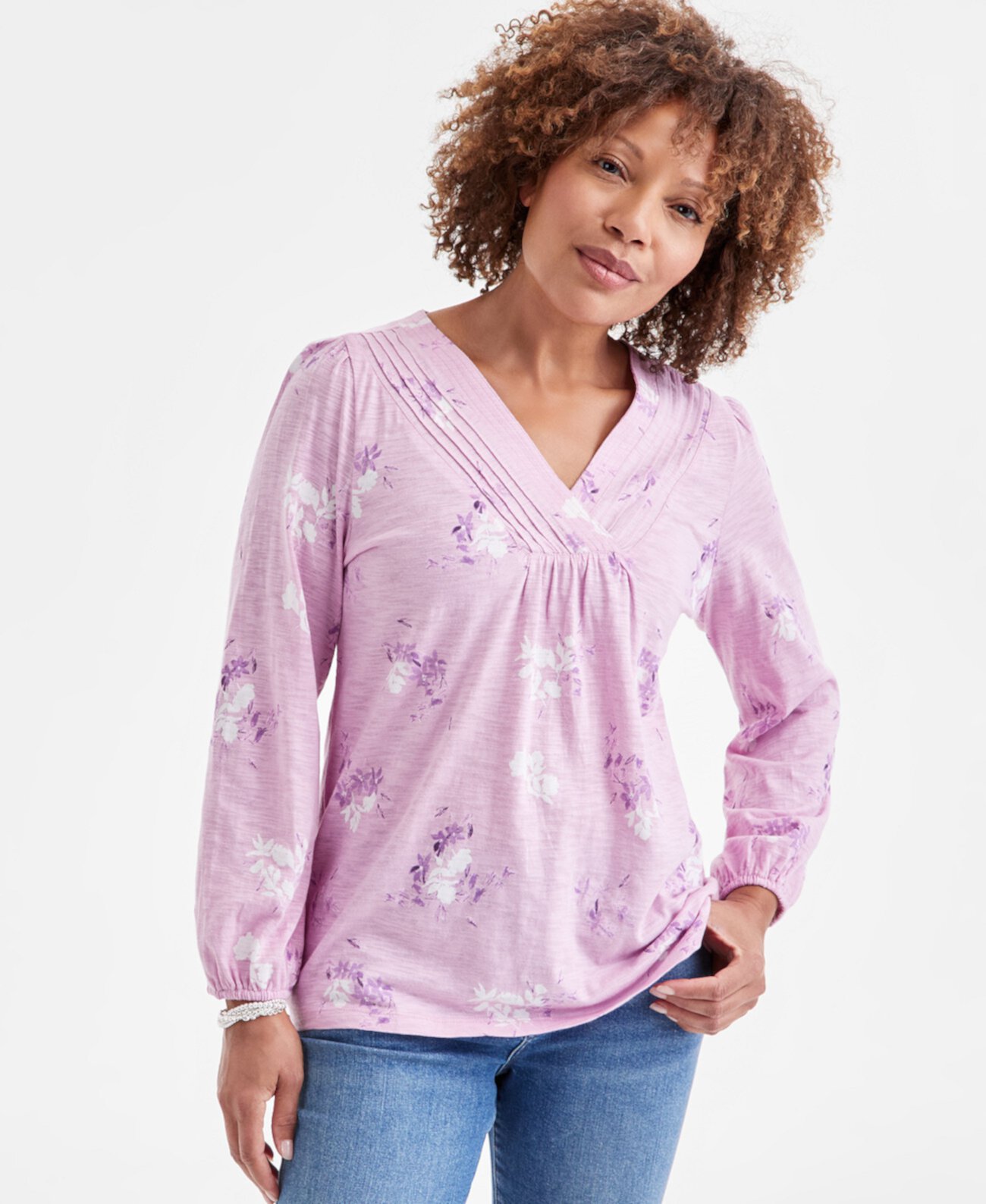 Women's Printed Pintuck V-Neck Knit Top, Exclusively at Macy's Style & Co