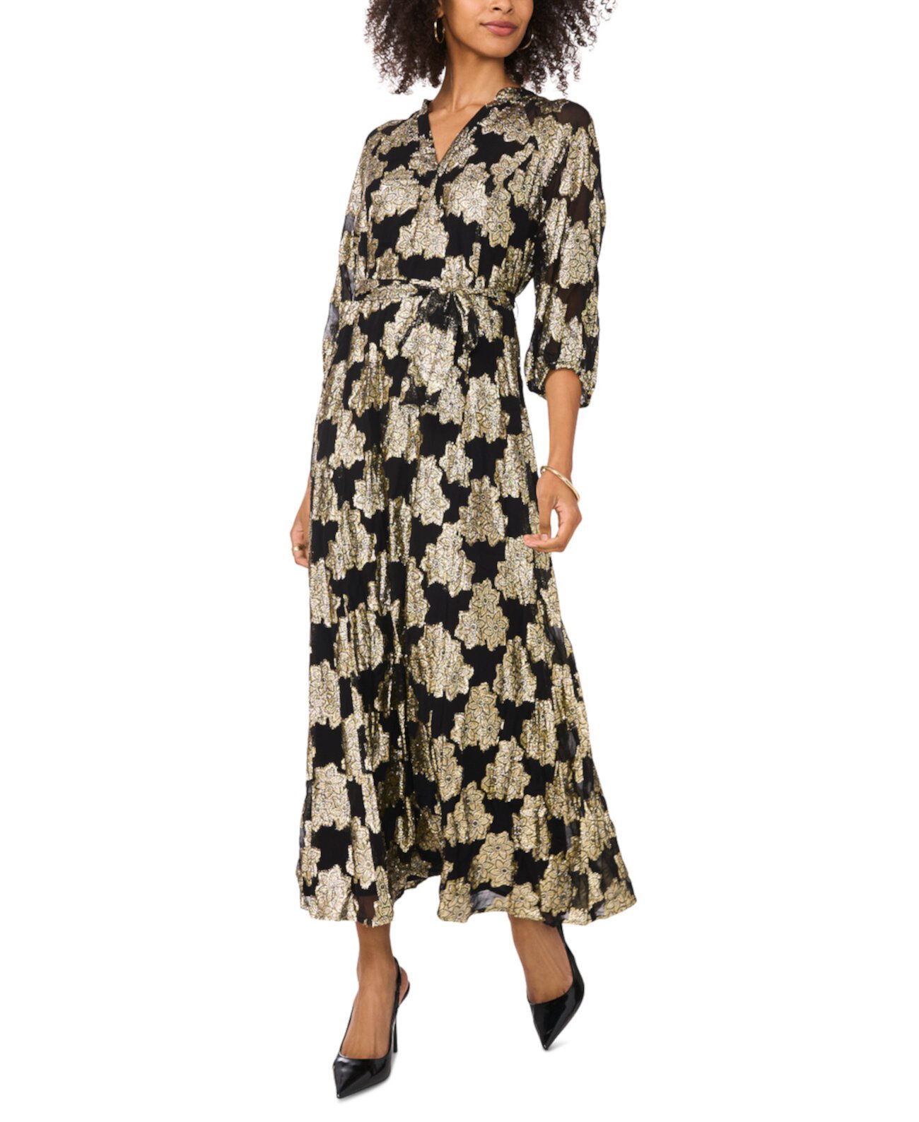 Women's Metallic-Print 3/4-Sleeve Maxi Dress Vince Camuto