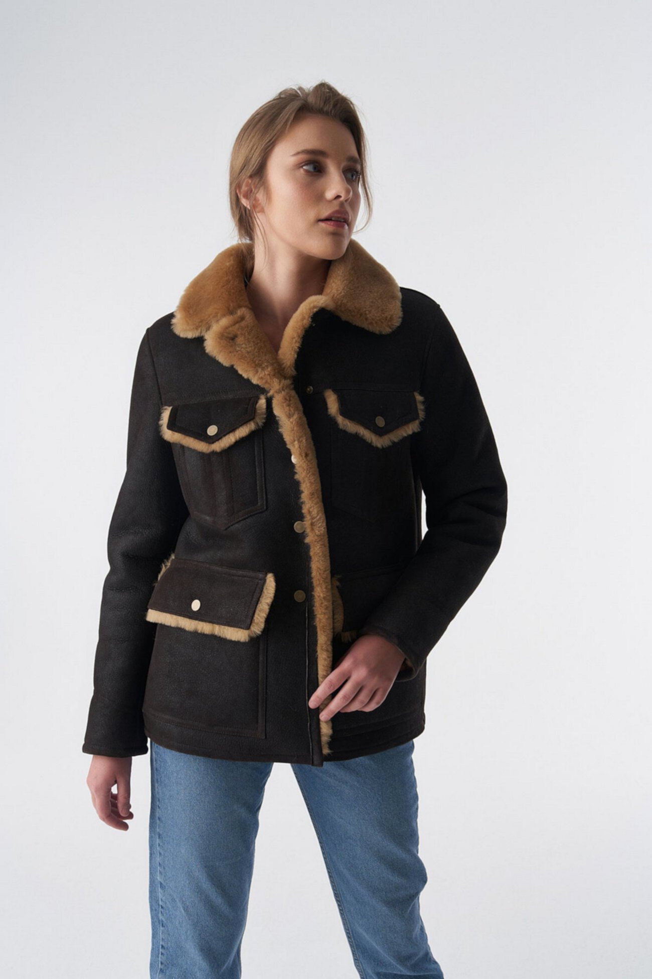 Women's Sheepskin Western Trucker Coat, Washed Brown with Ginger Wool Furniq UK