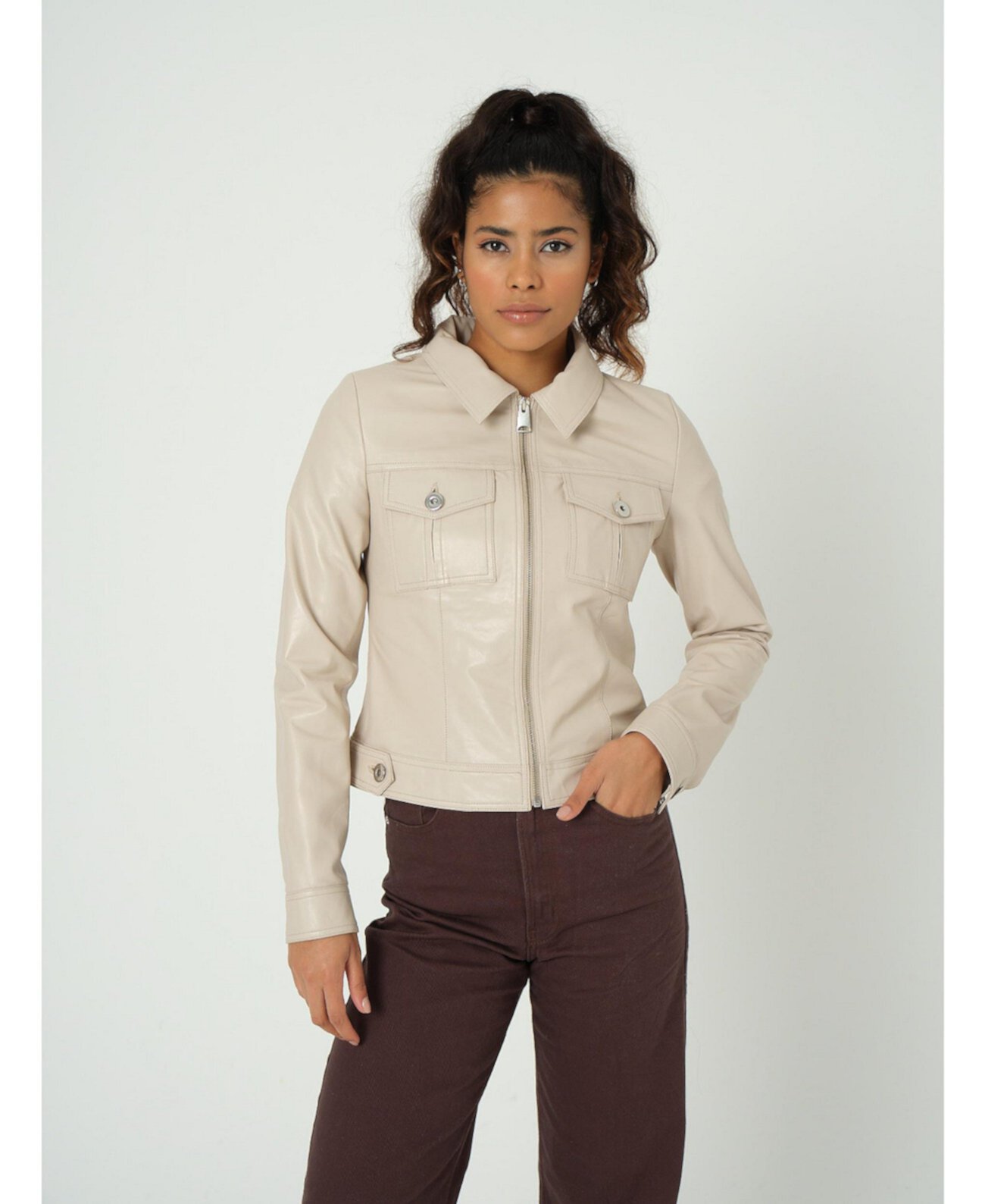 Women's Denim Style Zipper Nappa Jacket,Beige Furniq UK