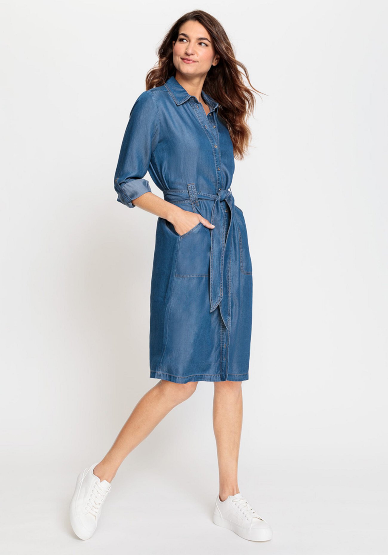 Women's Denim Shirt Dress with Belt & Roll Tab Sleeve Detail Olsen