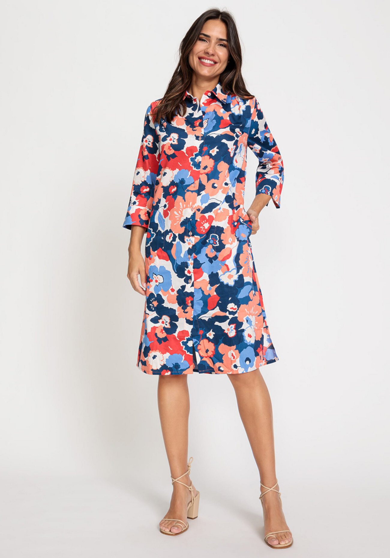 Women's 100% Cotton 3/4 Sleeve Floral Print Shirt Dress Olsen