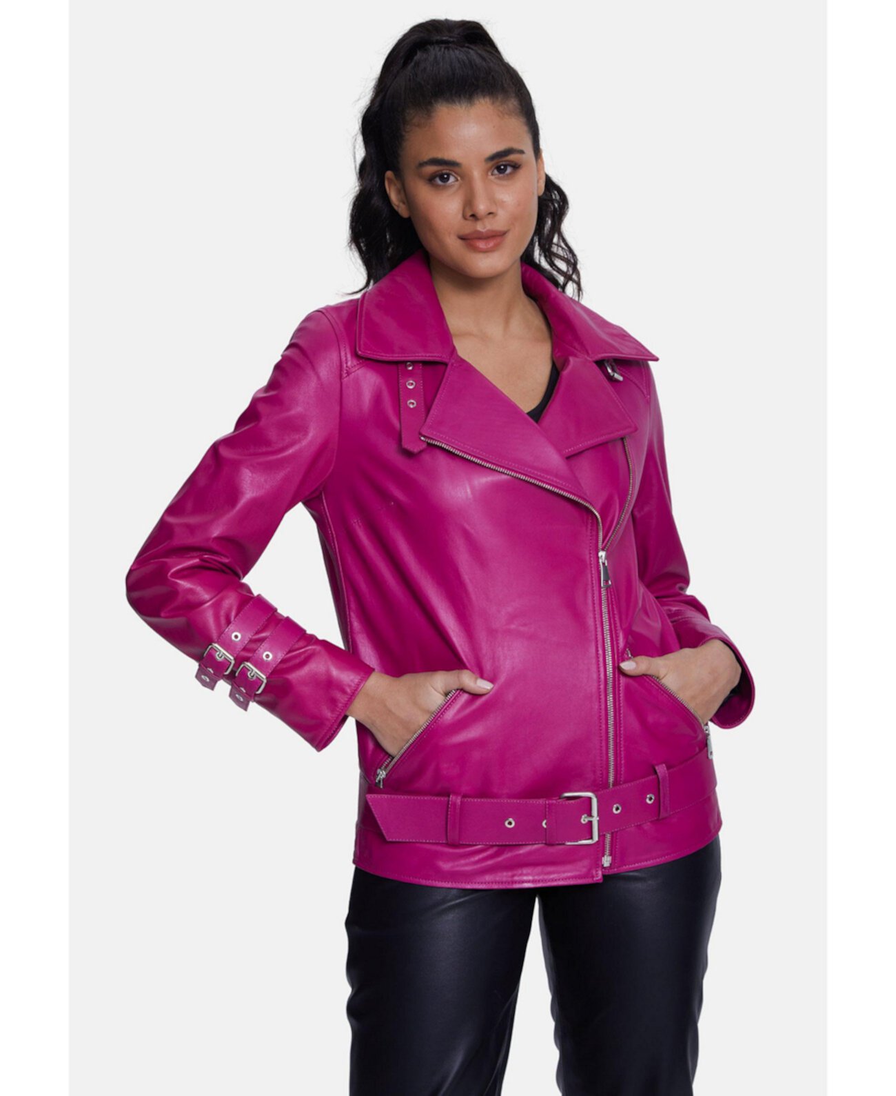 Women's Genuine Leather Belted Biker Jacket,Nappa Navy Furniq UK