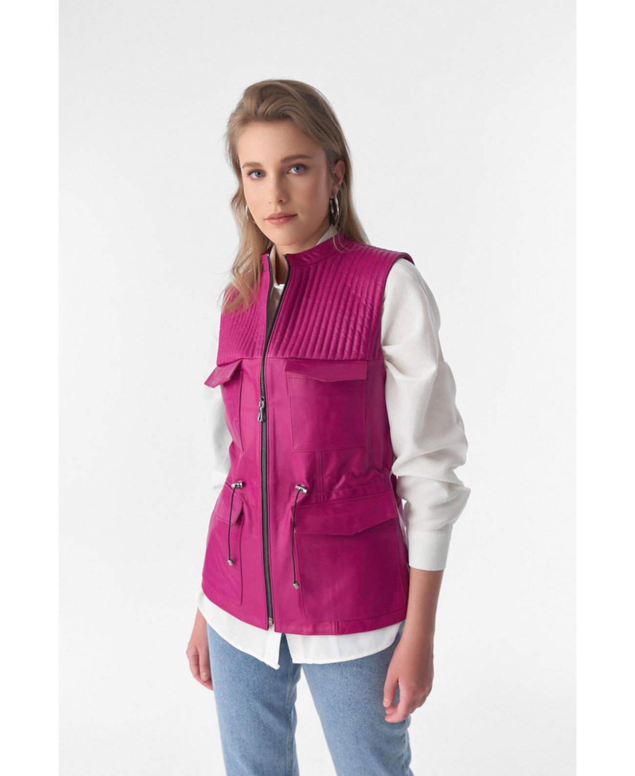 Women's Stitch Drawstring Sleeveless Jacket, Waistcoat, Fuchsia Furniq UK