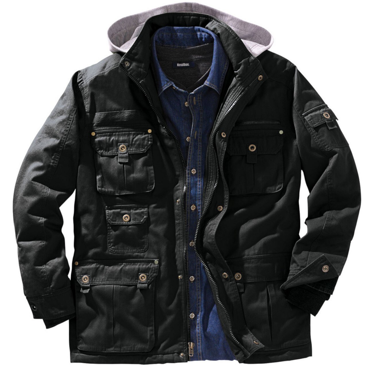 by KingSize Men's Big & Tall 9 Pocket Twill Utility Jacket With Removable Hood Boulder Creek