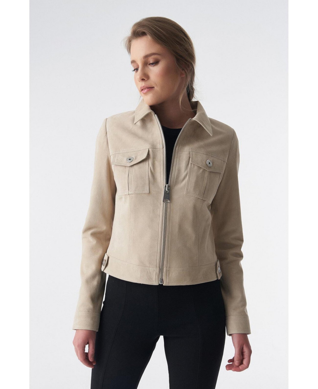 Women's Denim Style Zipper Suede Jacket, Beige Furniq UK