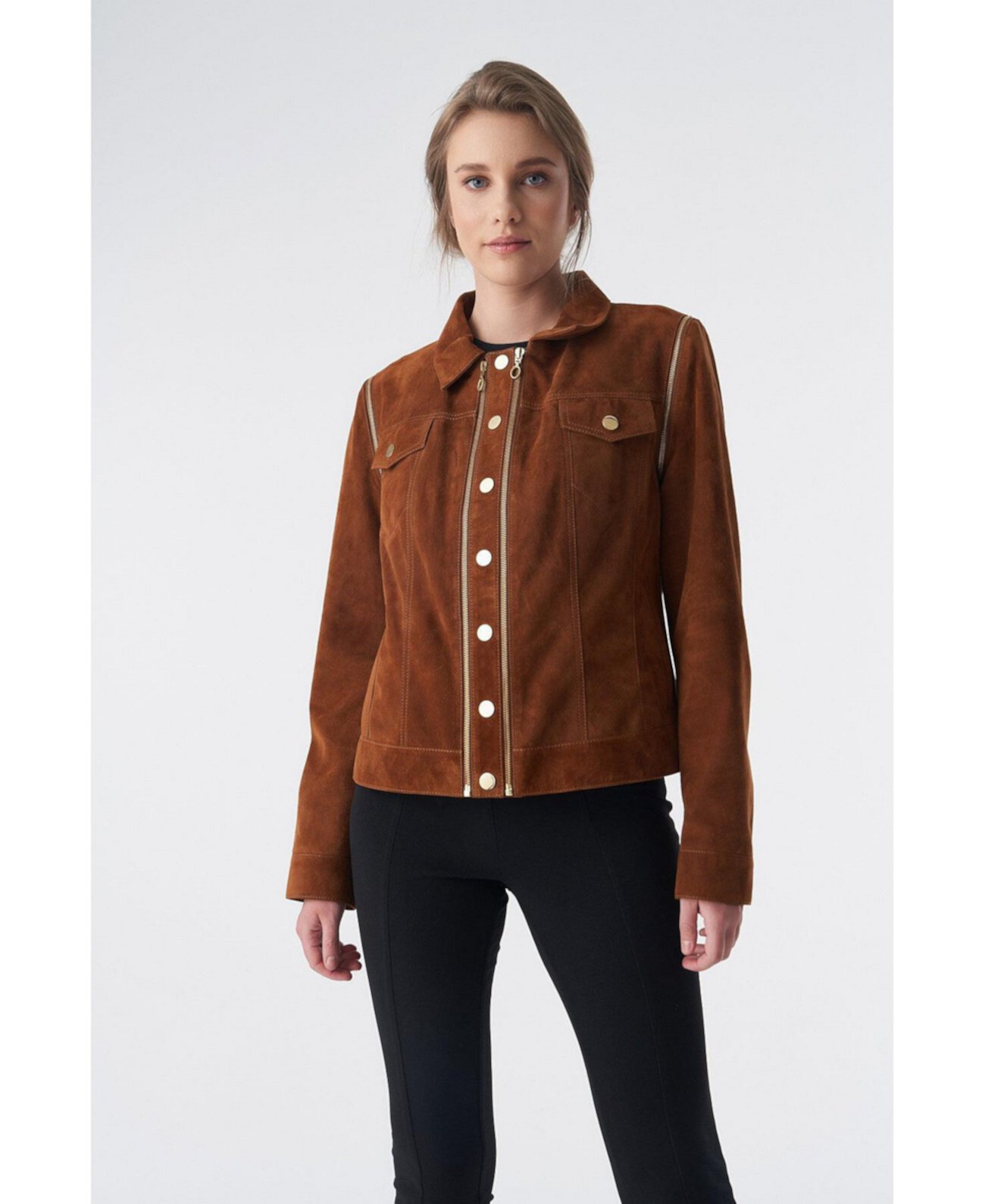 Women's Detachable Sleeves Suede Biker Jacket and Waistcoat, Tan Furniq UK