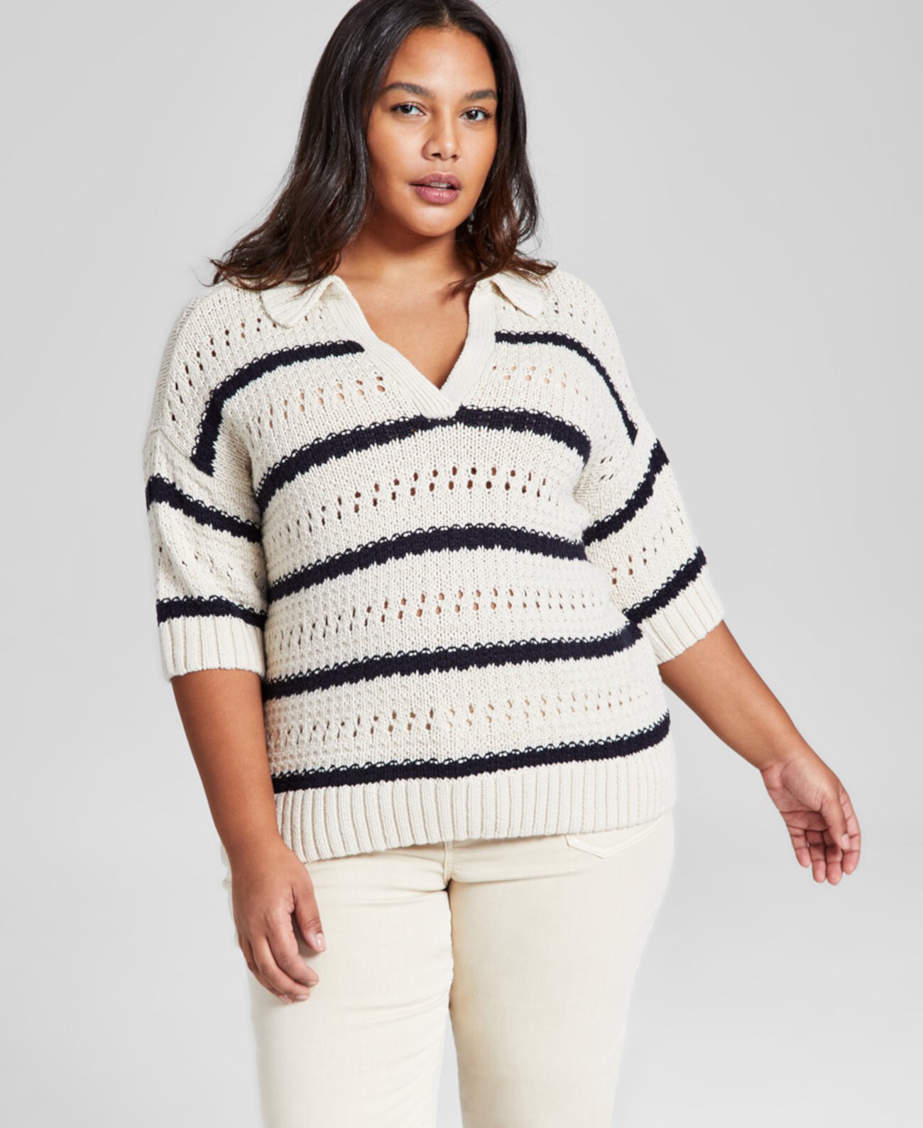 Plus Size Striped Polo Sweater, Created for Macy's And Now This