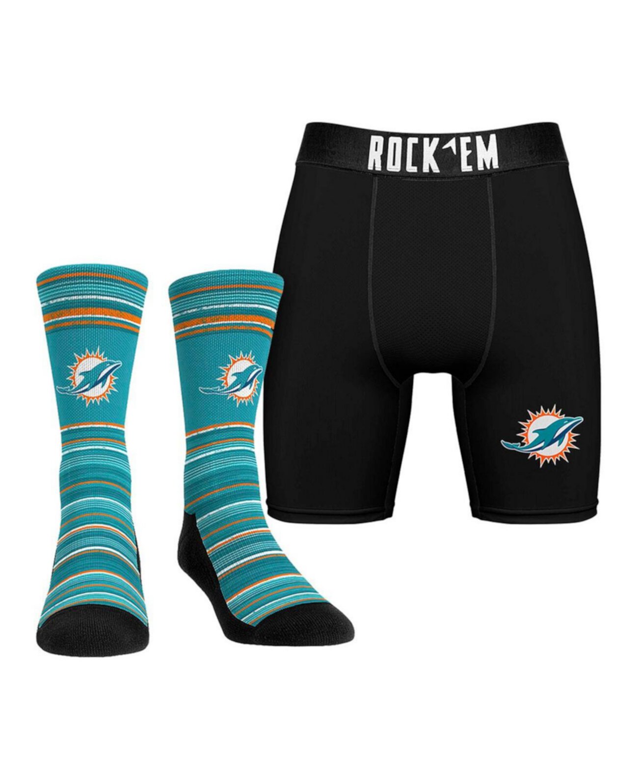 Men's Miami Dolphins Primary Crew Socks Boxer Briefs Combo Pack Rock 'Em