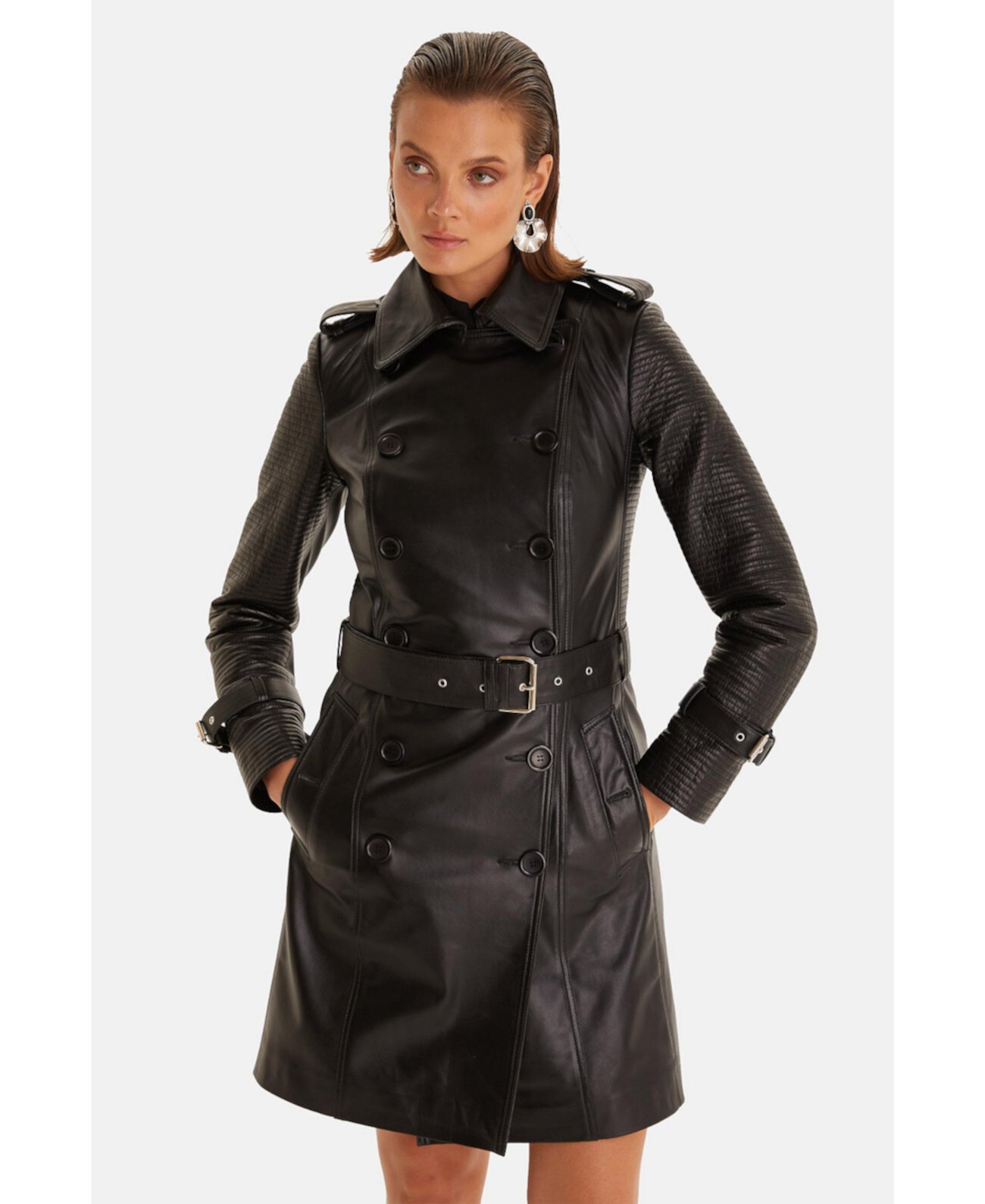 Women's Genuine Leather Trench Coat, Black Furniq UK