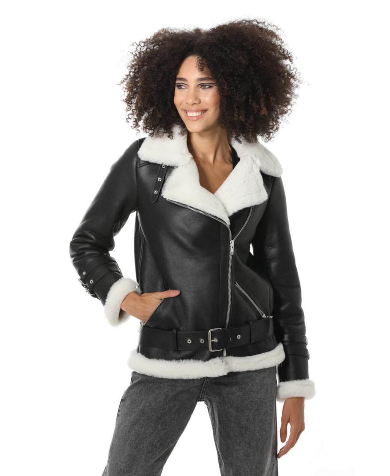 Women's Shearling Belted Biker Jacket, Silky Black with White Wool Furniq UK