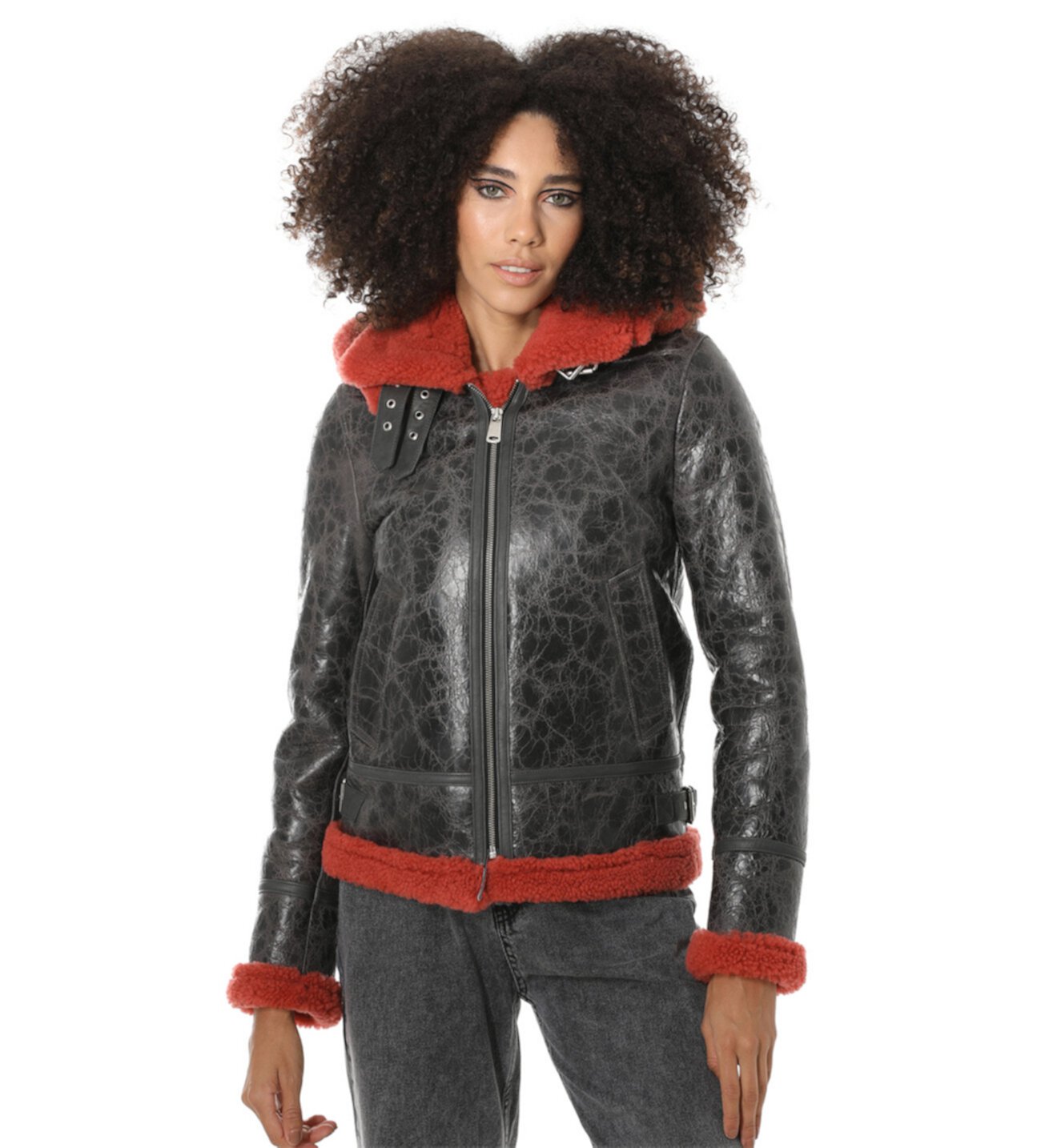 Women's Detachable Hooded Shearling Jacket, Cracked Anthracite with Coral Curly Wool Furniq UK