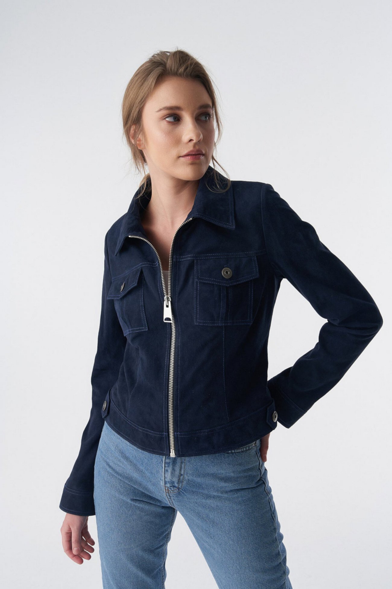 Women's Denim Style Zipper Suede Jacket, Navy Furniq UK