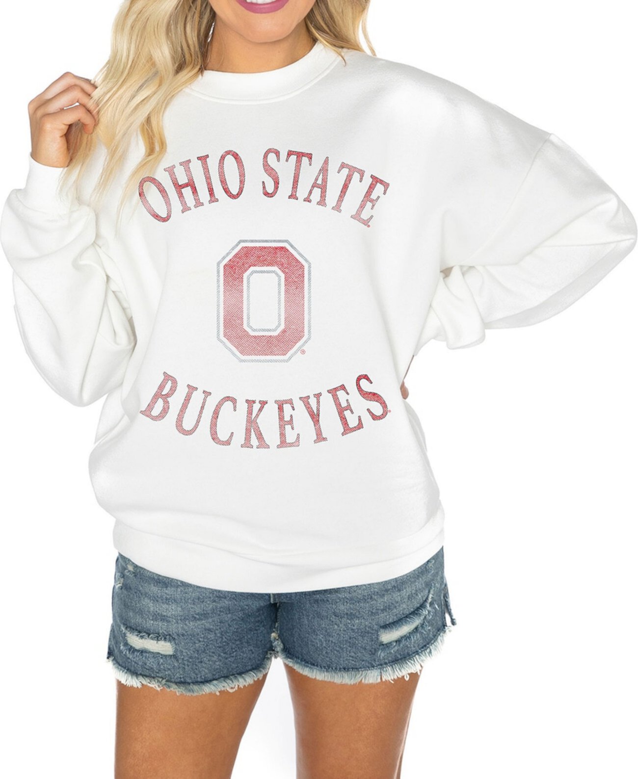 Women's White Ohio State Buckeyes Good Vibes Premium Fleece Drop Shoulder Pullover Sweatshirt Gameday Couture