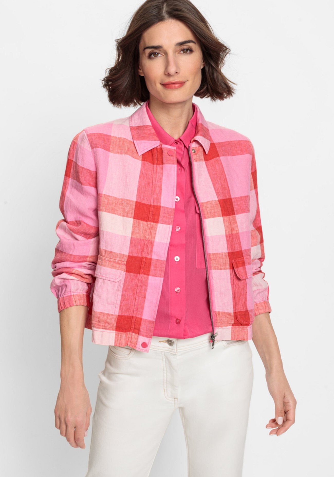 Women's 100% Linen Plaid Cropped Jacket Olsen