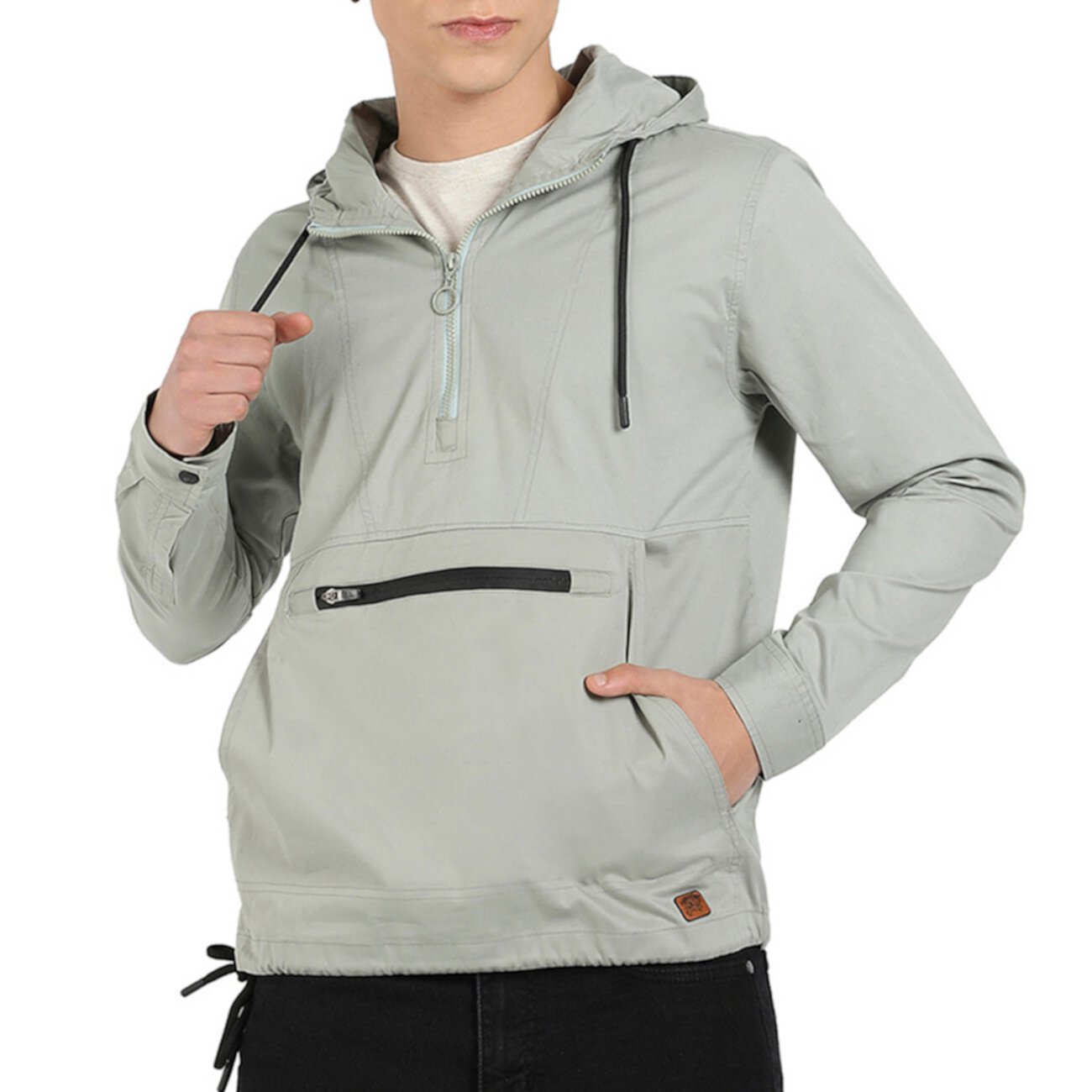 Men's Sage Green Half-Zip Utility Jacket With Contrast Drawstring Campus Sutra