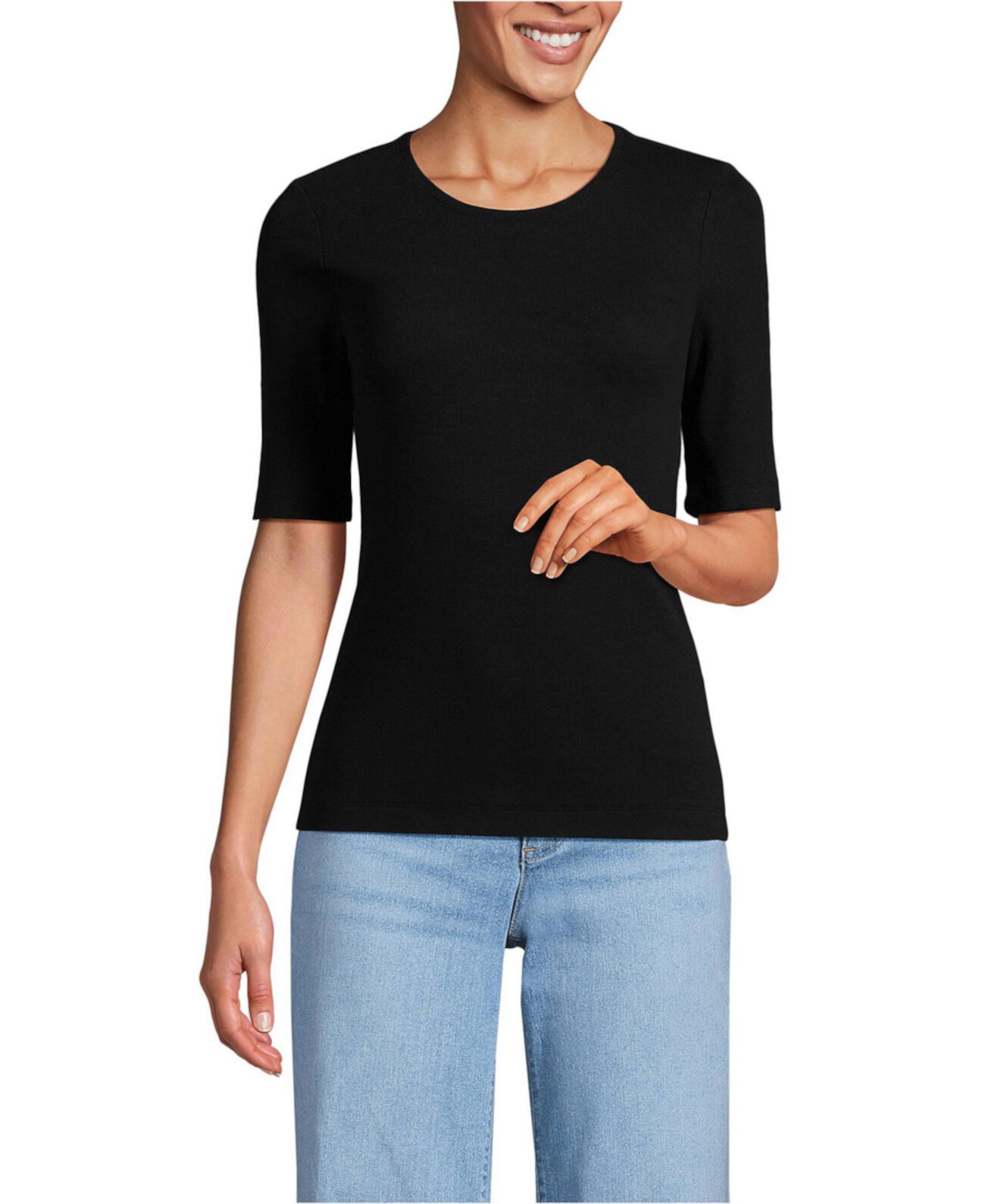 Women's Drapey Rib Skimming Elbow Sleeve Crew Neck T-shirt Lands' End