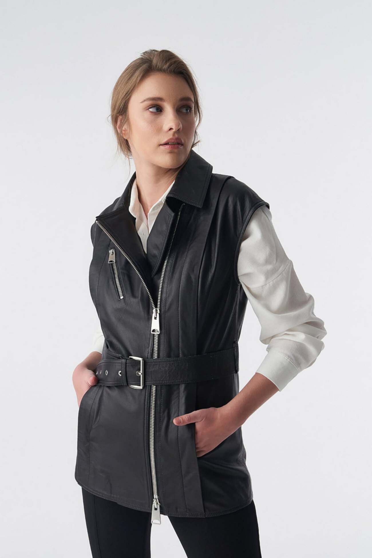 Women's Genuine Leather Belted Waistcoat, Black Furniq UK