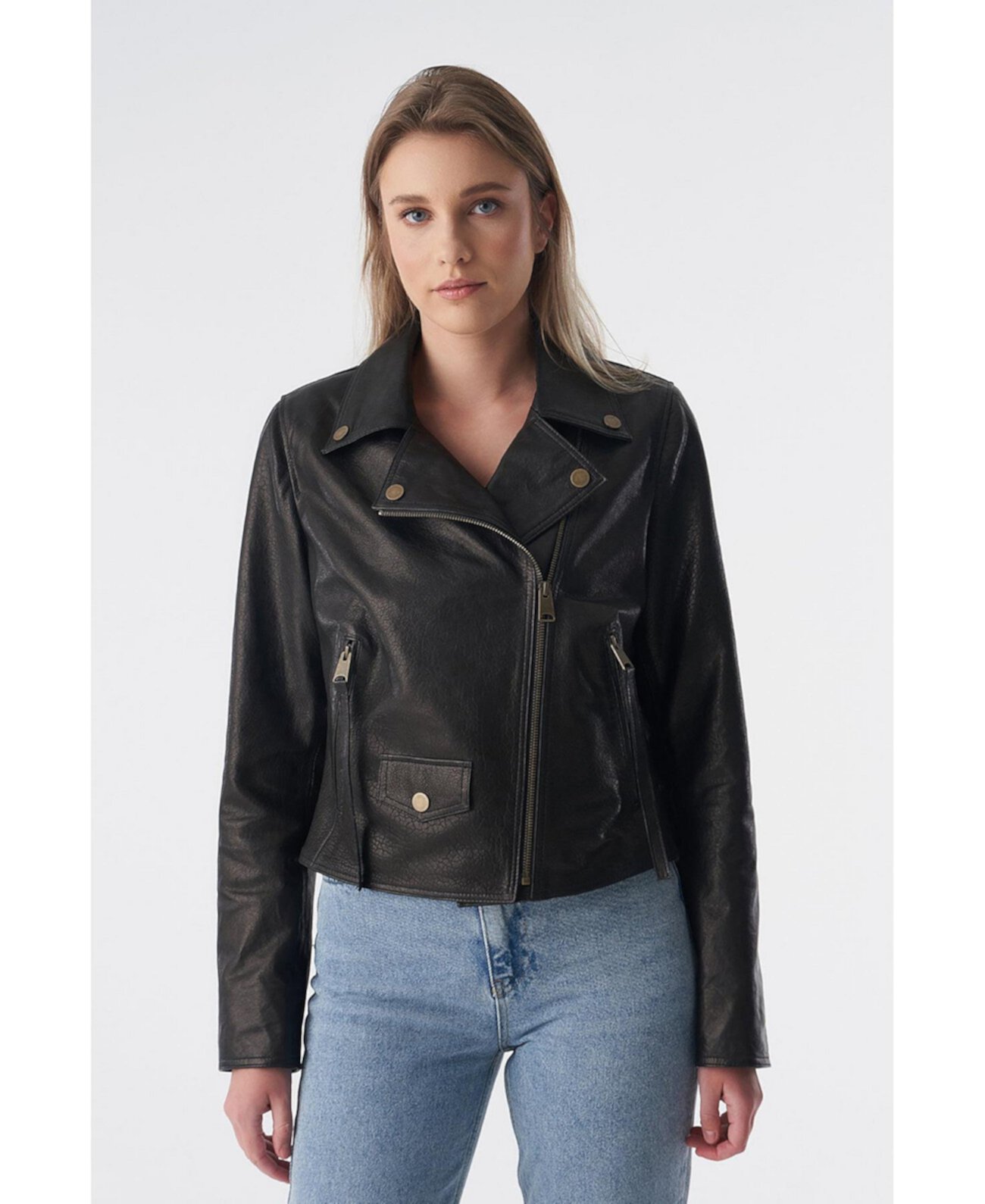 Women's Classic Biker Jacket, Natural Grain Black Furniq UK