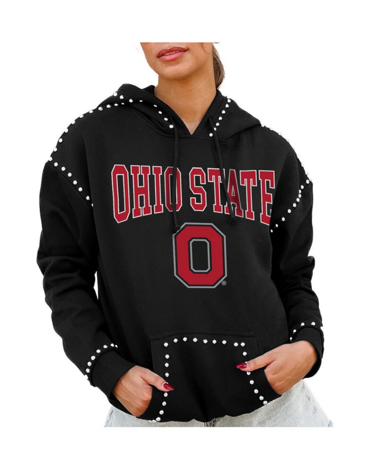 Women's Black Ohio State Buckeyes Studded Pullover Hoodie Gameday Couture