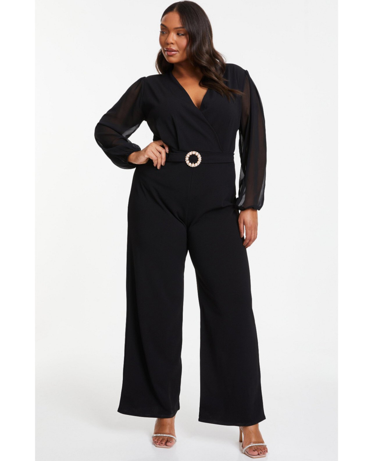 Women's Buckle Detail Chiffon Sleeve Palazzo Jumpsuit Quiz