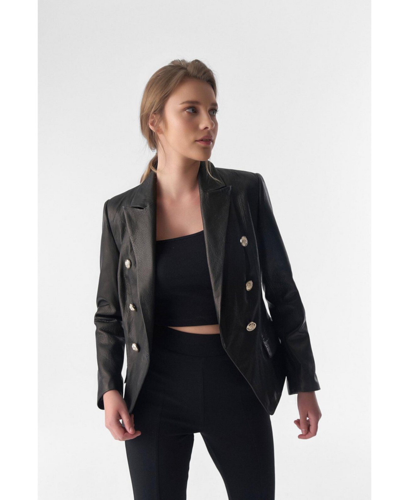 Women's Genuine Leather Blazer Jacket, Natural Grain Black Furniq UK