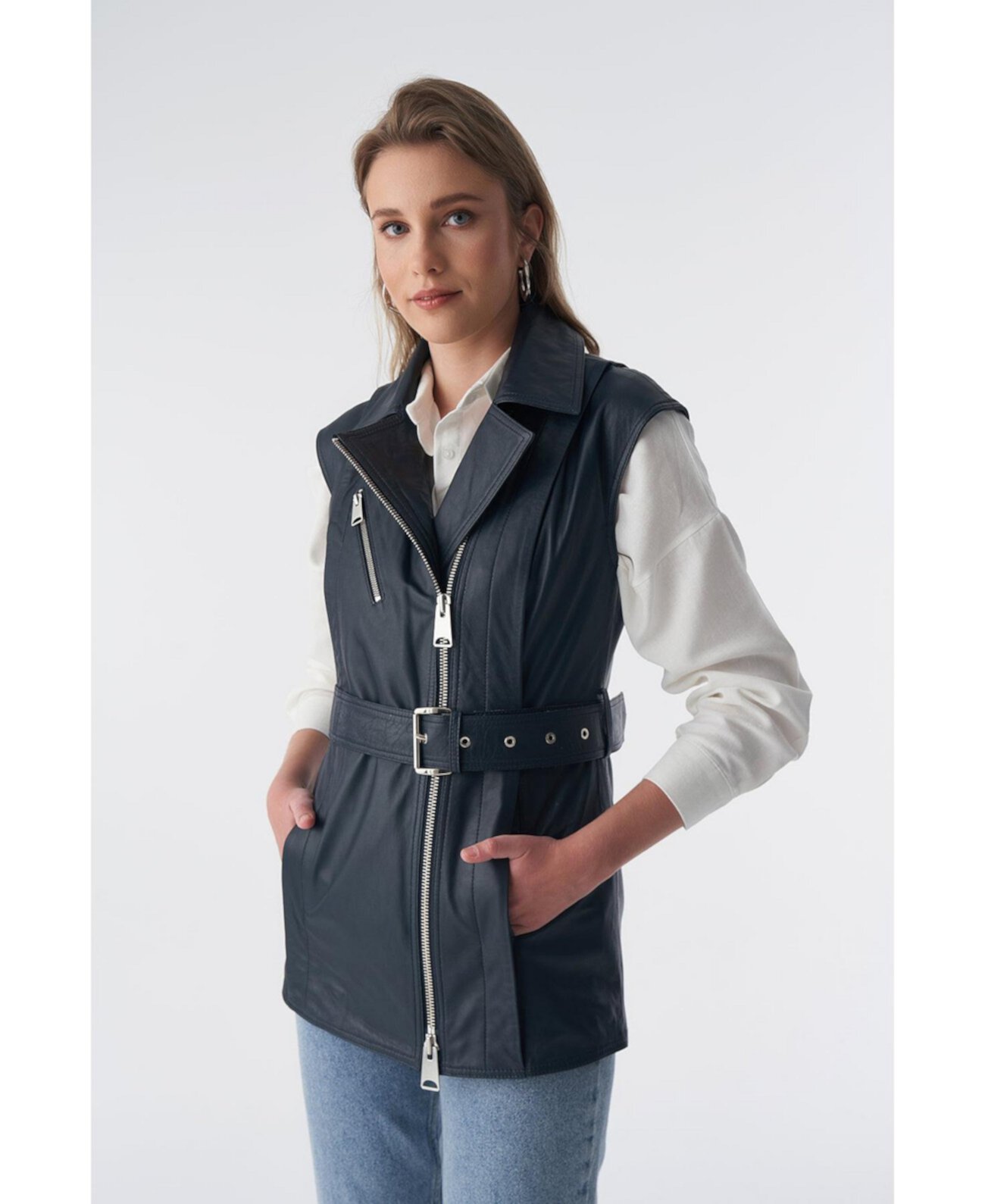 Women's Genuine Leather Belted Waistcoat, Navy Furniq UK