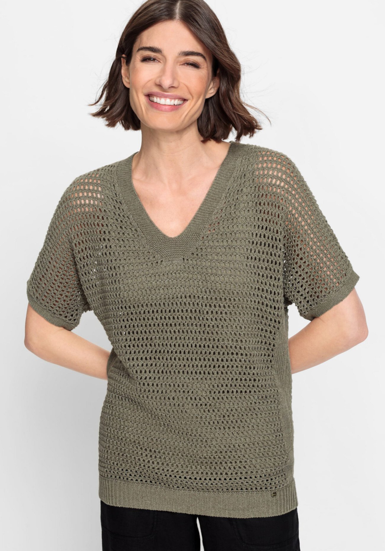 Women's Linen Blend Short Sleeve Open Knit Pullover Olsen