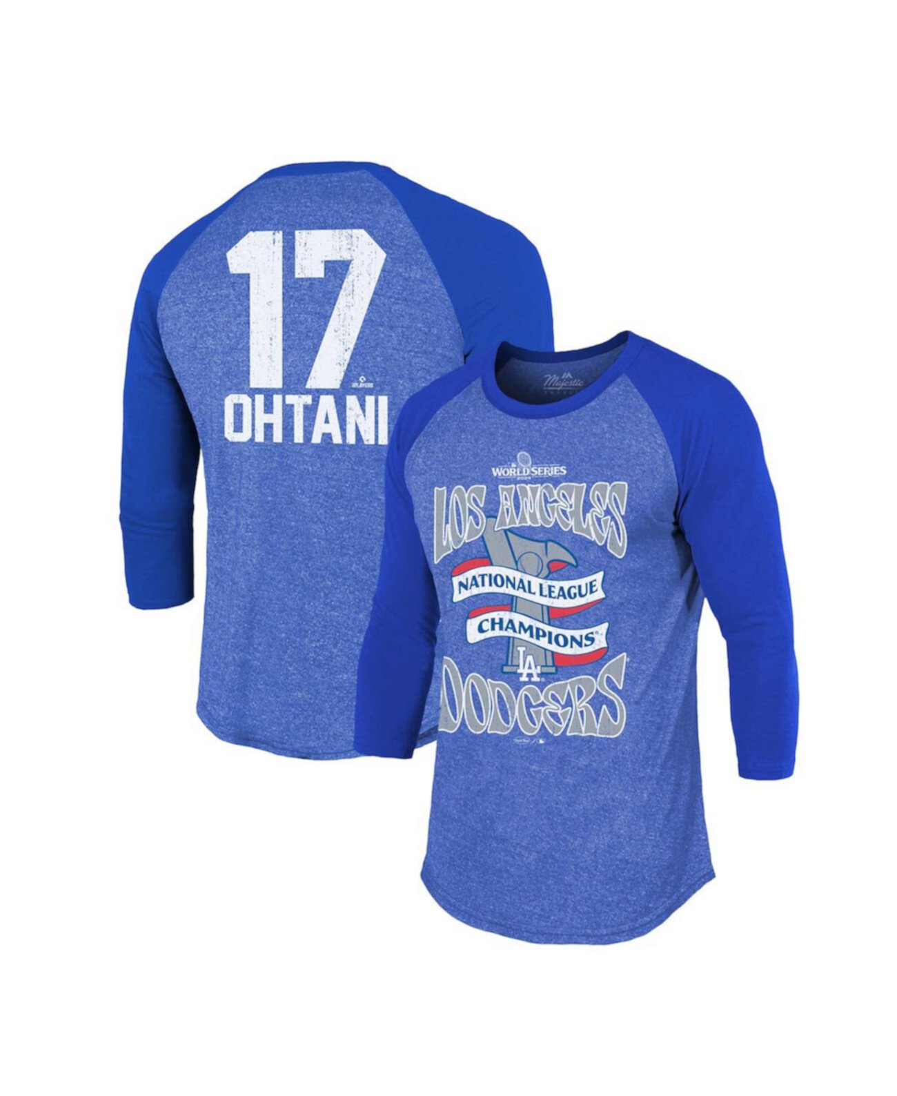 Men's Shohei Ohtani Royal Los Angeles Dodgers 2024 National League Champions 3/4-sleeve Name Number Raglan Tri-blend T-shirt Majestic