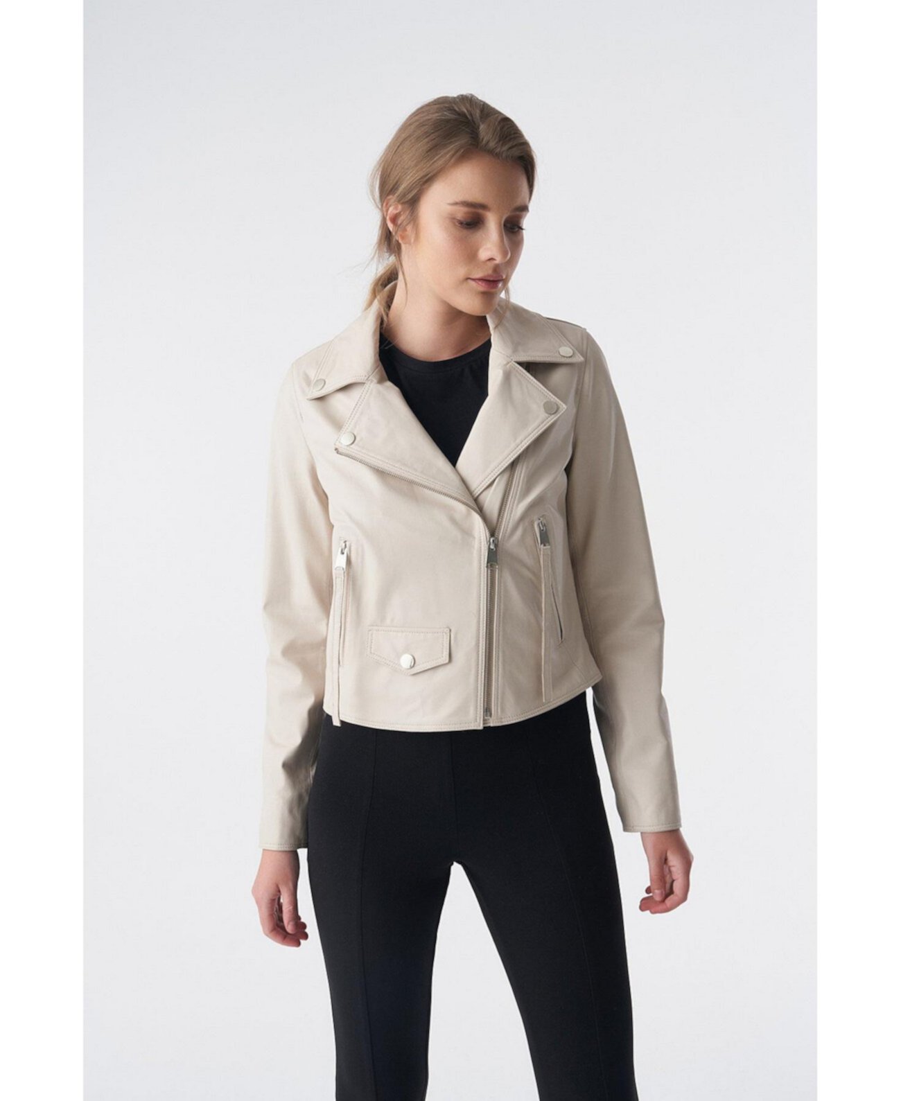 Women's Classic Biker Jacket, Beige Nappa Furniq UK