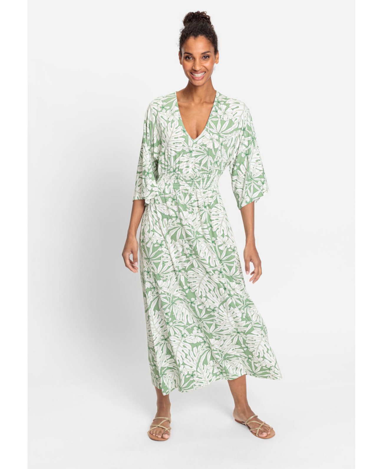 Women's 4/5 Sleeve Palm Print Midi Dress Olsen