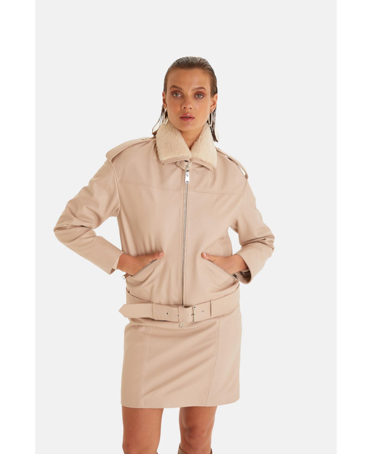 Women's Biker Jacket, Beige Furniq UK