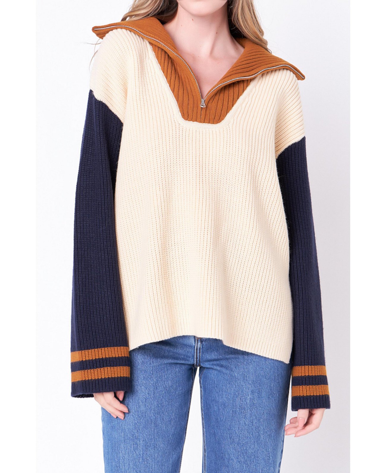 Women's Stripe Knitted Half Zip up Sweater English Factory