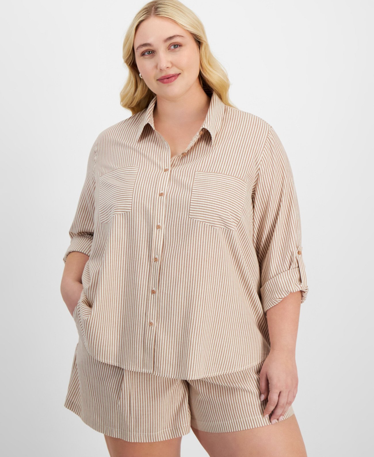 Trendy Plus Size Striped Roll-Tab Shirt, Exclusively at Macy's And Now This