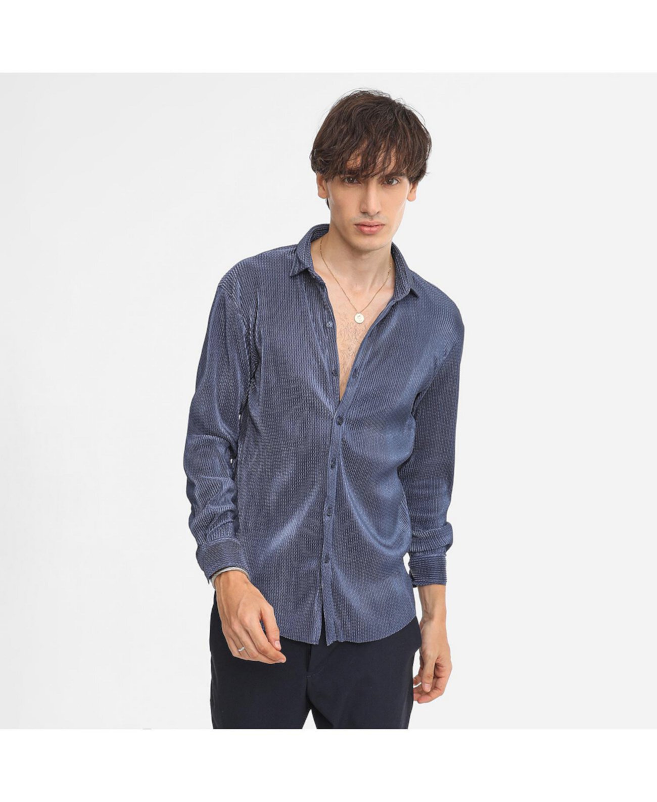 Men's Navy Blue Textured-Pleat Shirt Campus Sutra