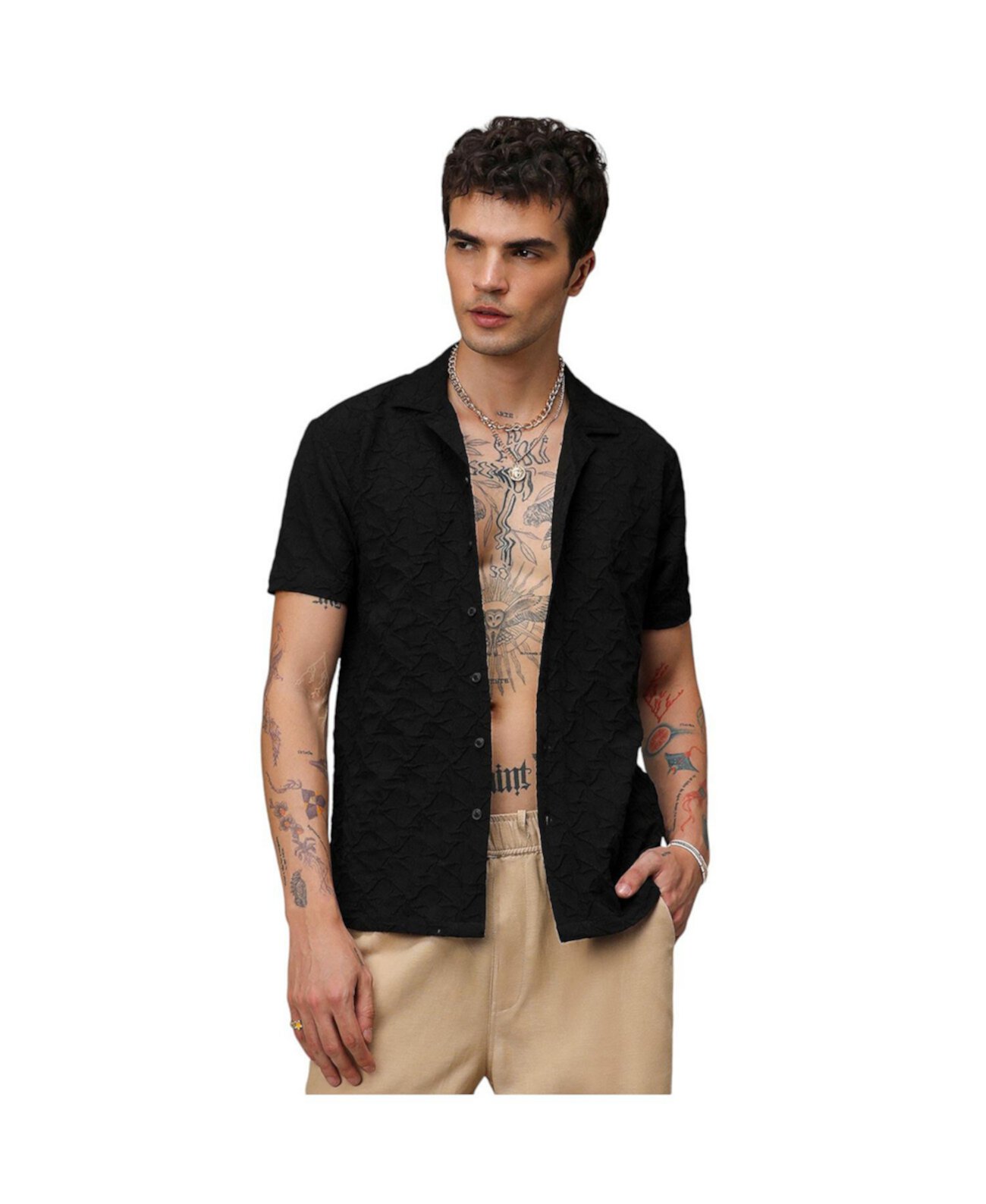 Men's Onyx Black Crumble Textured Shirt Campus Sutra