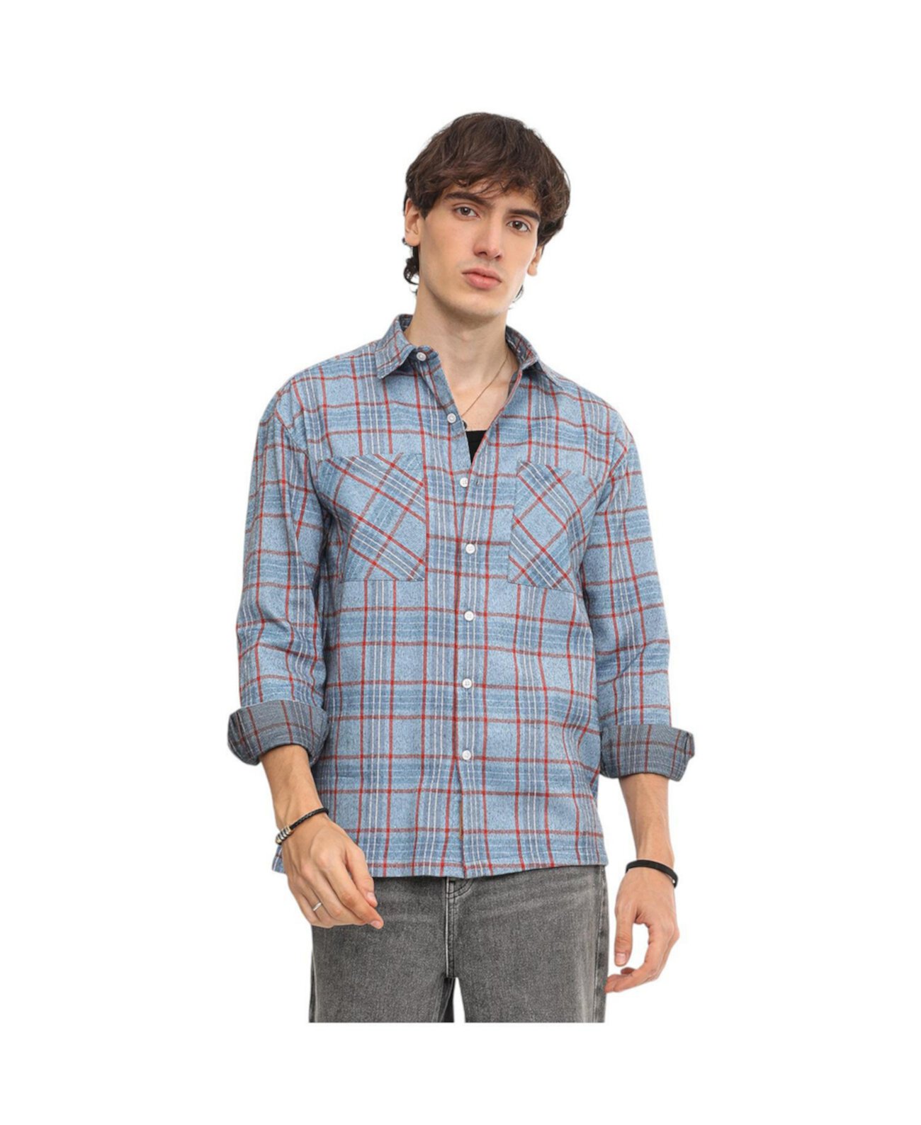 Men's Cornflower Blue Tartan Plaid Shirt Campus Sutra