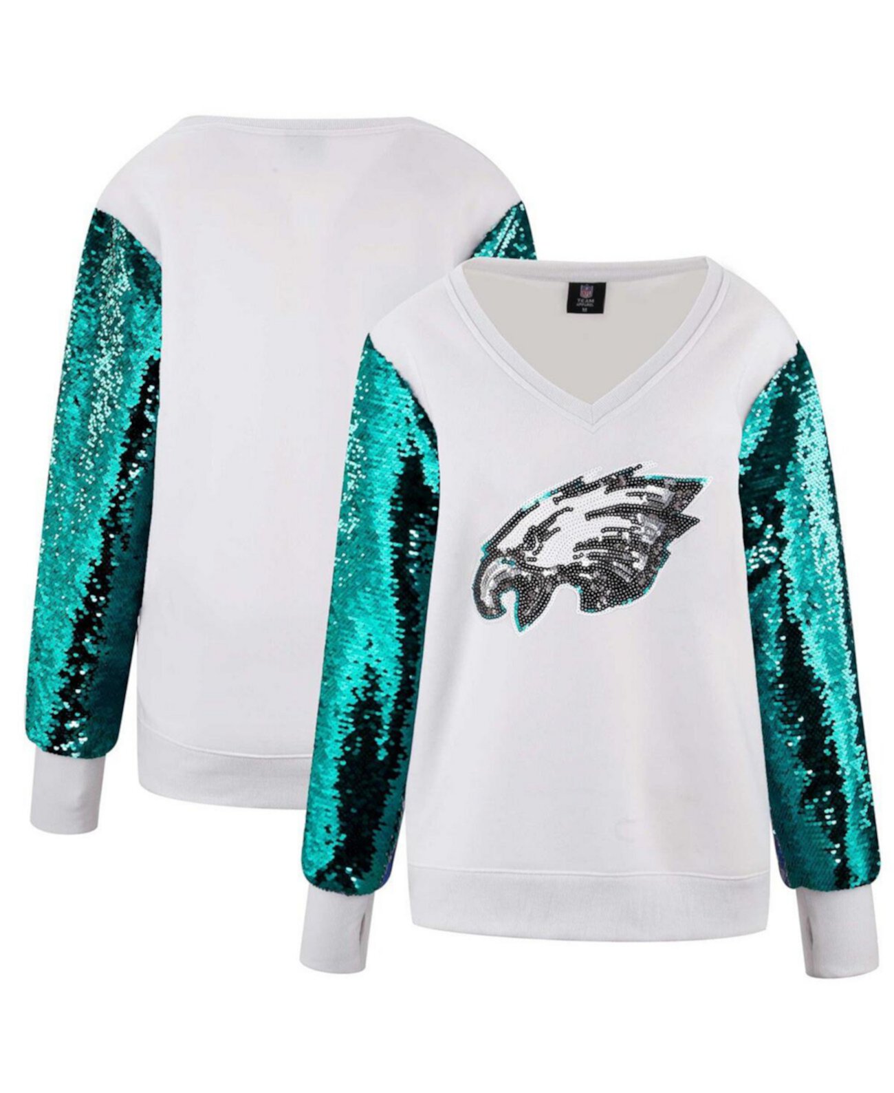 Women's White Philadelphia Eagles Sequin Sleeve V-Neck Pullover Sweatshirt Cuce