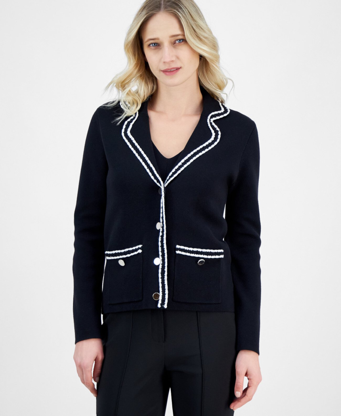 Women's Braided-Trim Notched-Collar Cardigan Sweater Anne Klein