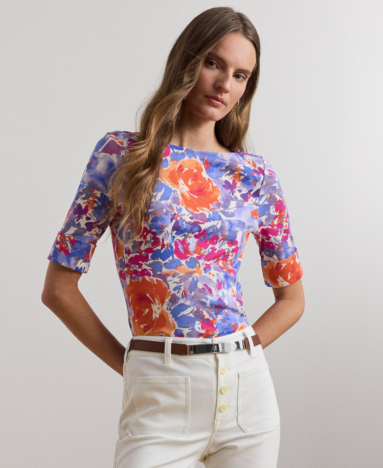 Petite Floral Stretch Cotton Boatneck Tee LAUREN Ralph Lauren