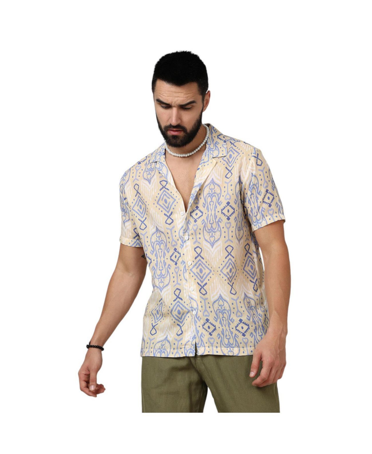 Men's Pale Yellow & Powder Blue Ethnic Shirt Campus Sutra