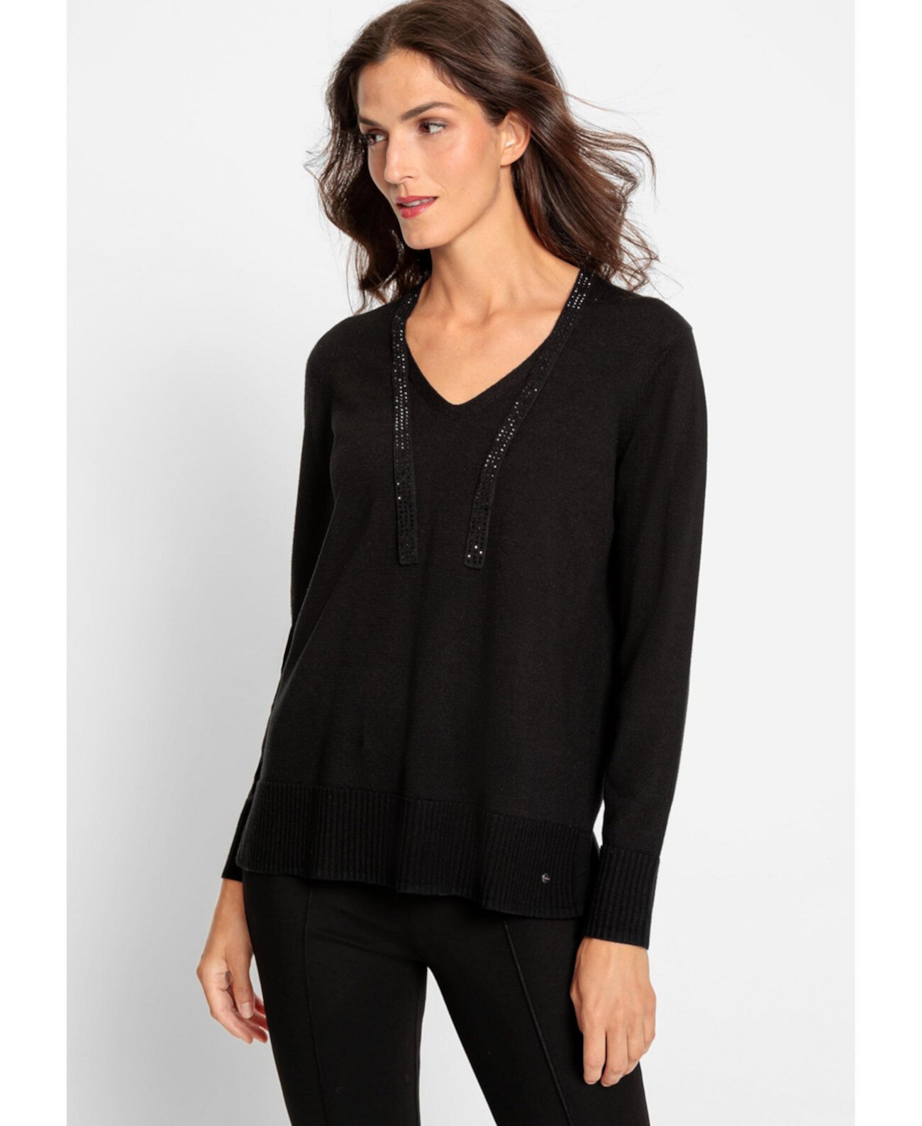 Women's Long Sleeve V-Neck Pullover with Embellished Necktie Olsen