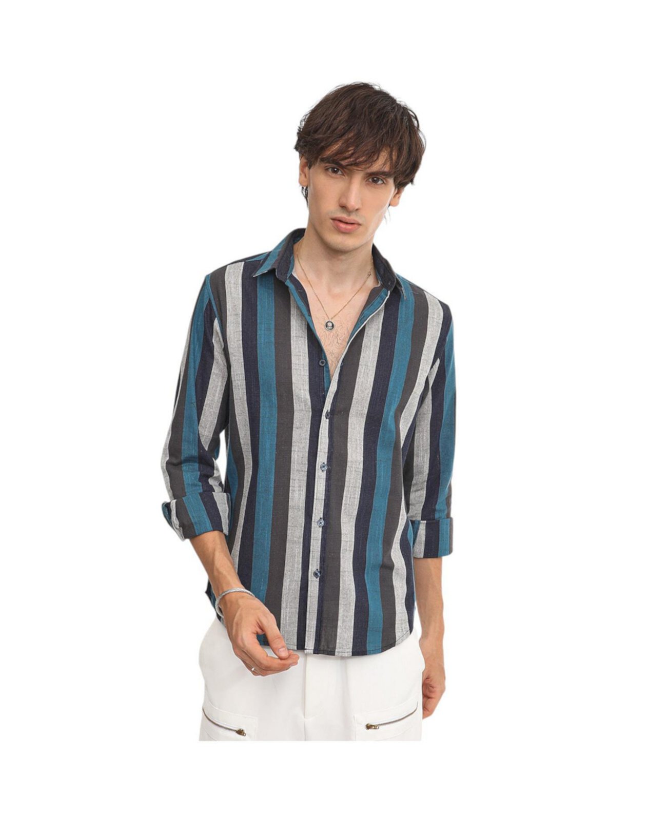 Men's Navy Blue & Ash Grey Block-Striped Shirt Campus Sutra