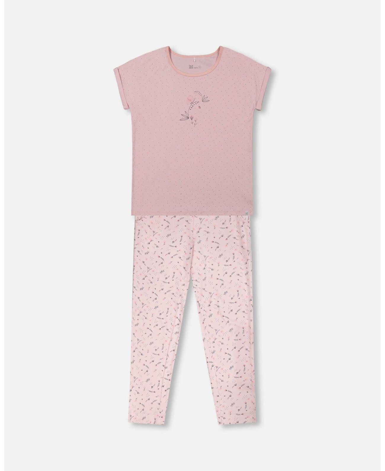 Women's Printed Organic Cotton Two-Piece Pajama Set Small Pink Flowers On Pale Pink Background - Adult Deux par Deux