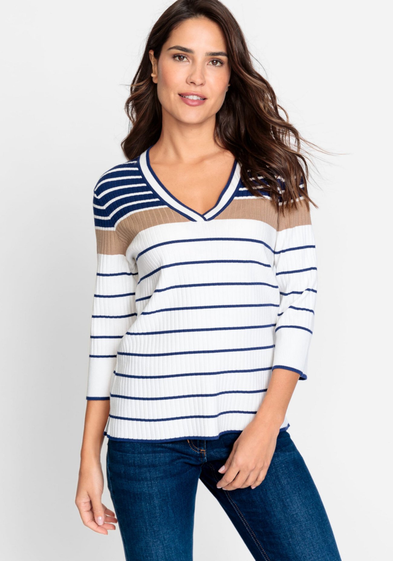 Women's 3/4 Sleeve Striped V-Neck Pullover Olsen