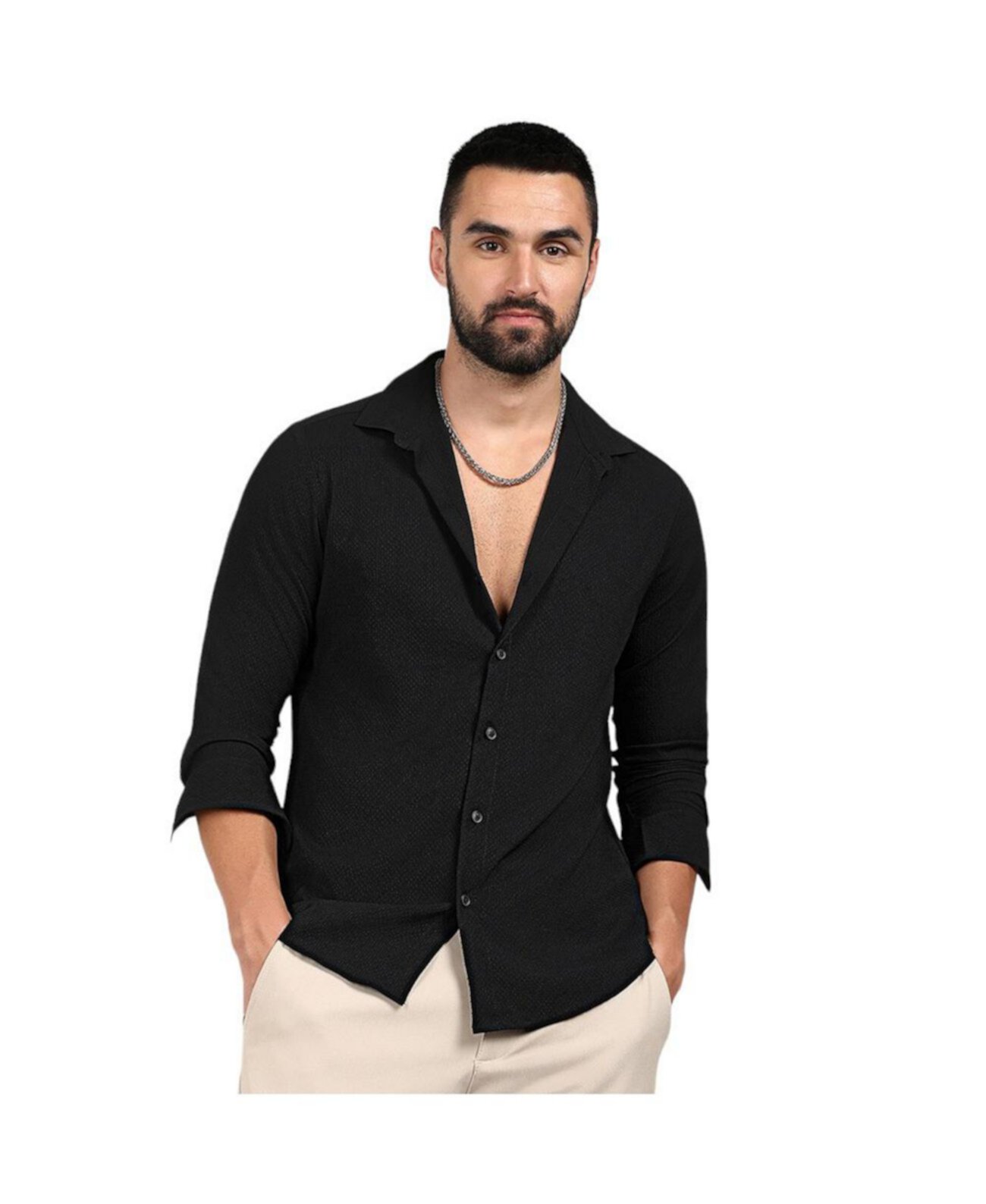 Men's Midnight Black Embossed Micro Check Shirt Campus Sutra