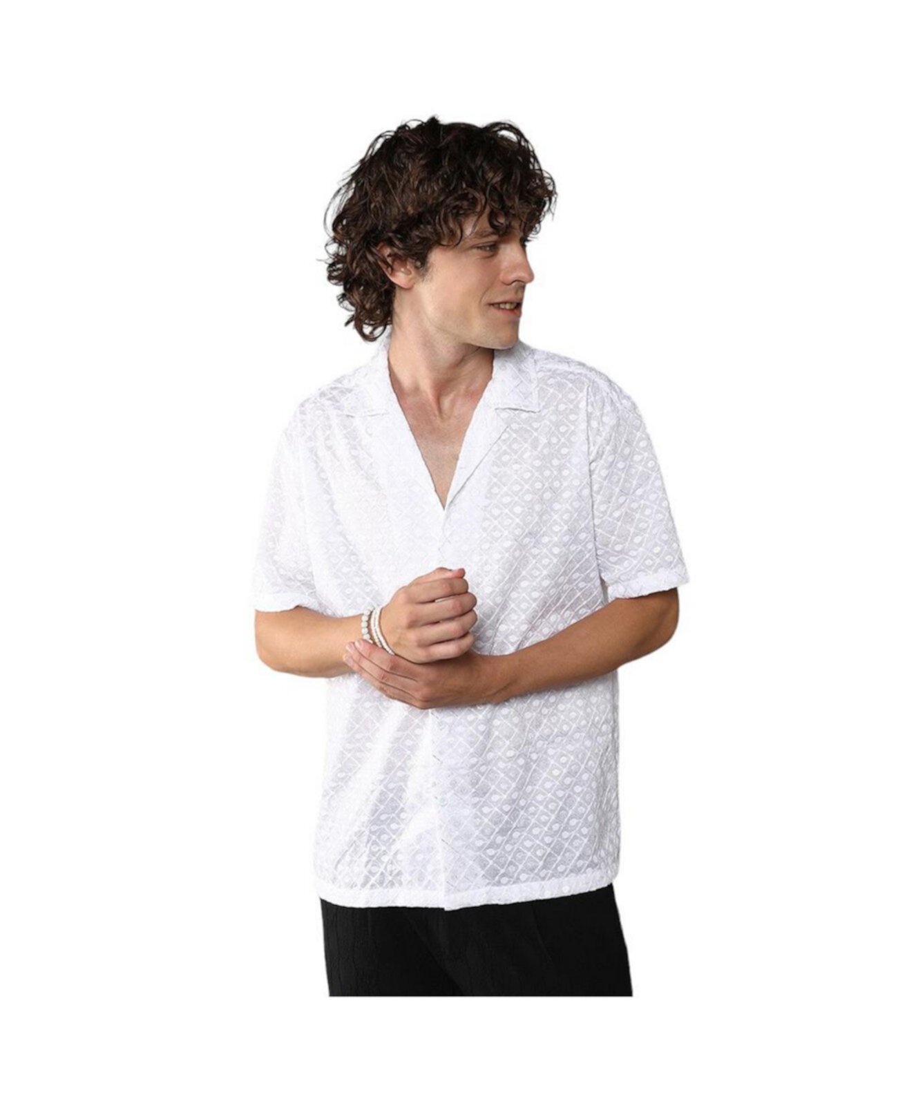 Men's Chalk White Embroidered Circular Shirt Campus Sutra