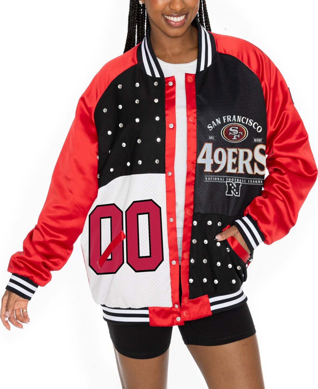 Women's Scarlet/Black San Francisco 49ers Oversized Hot Shot Rhinestone Throwback Full-Snap Varsity Bomber Jacket Gameday Couture